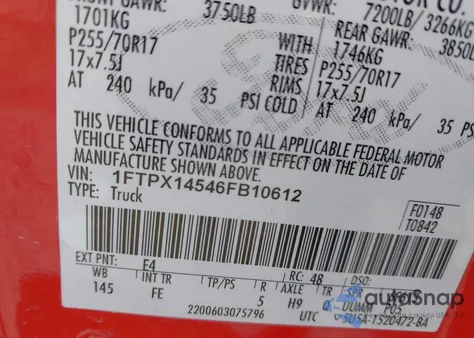 2006 Ford F-150 Fx4/Lariat/Xl/Xlt z USA, uszkodzony, nr VIN 1FTPX14546FB10612